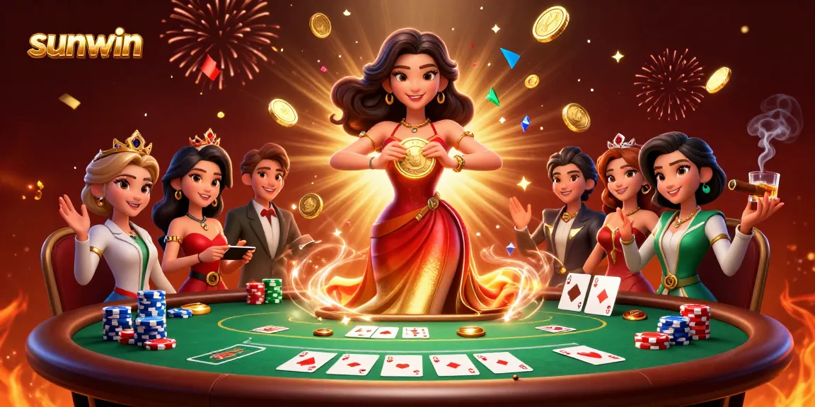 Win big at Sunwin with an elegant Asian dealer showcasing golden coins and poker elements.