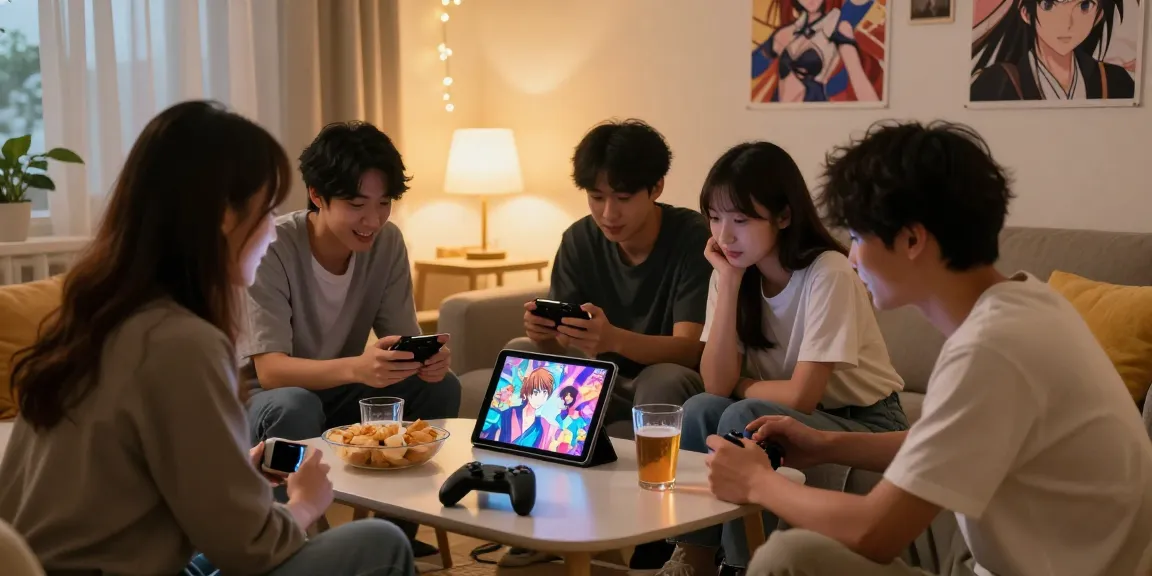 Engaging scene of friends playing hentai game online in a cozy room, highlighting vibrant animations and gaming atmosphere.