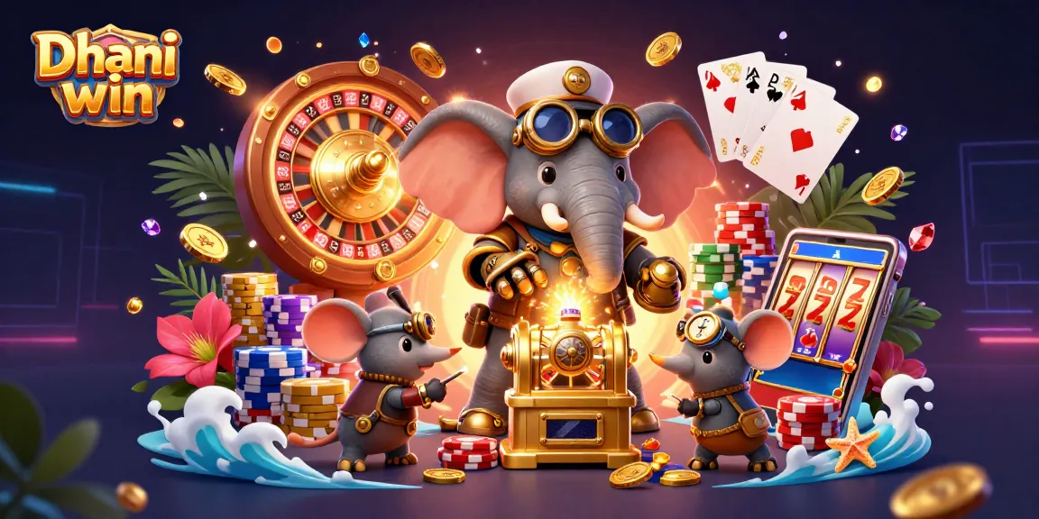 Experience the thrill of Dhani win with a dynamic 3D illustration of vibrant casino elements and fun gameplay.