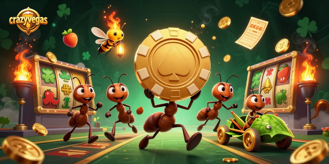 Ants carry a golden poker chip in a dynamic crazyvegas-themed casino heist scene with vibrant elements.