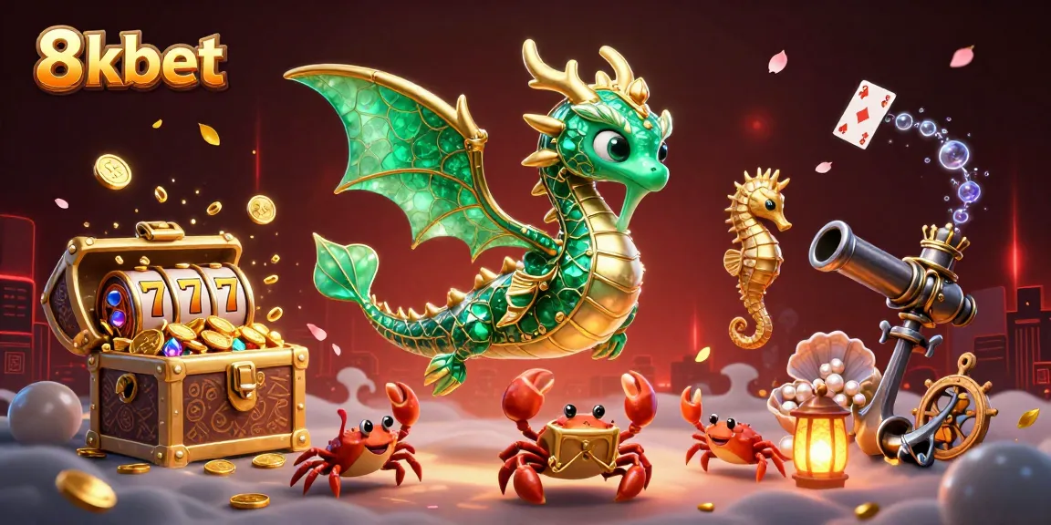8xbet's captivating sea dragon and treasure chest showcase thrilling winning moments in this dazzling casino scene.