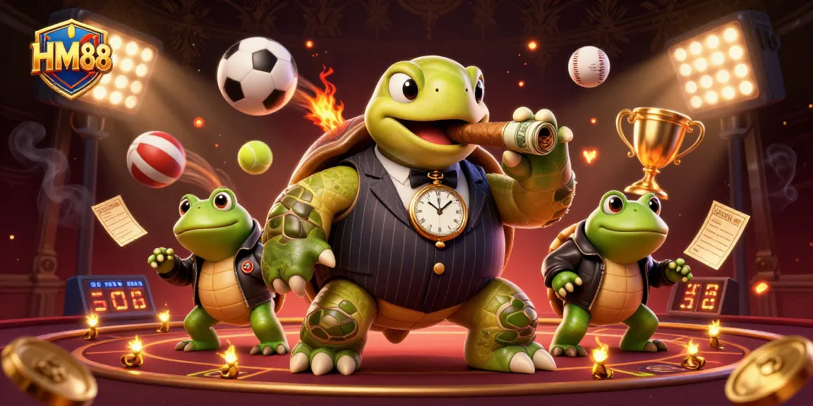 Experience thrilling gaming at HM88 with a 3D casino scene featuring a snapping turtle in mobster attire.