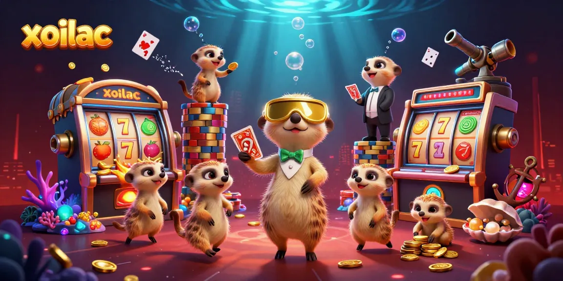 Experience the thrilling ambiance of xoilac's casino scene filled with meerkats, slot reels, and vibrant elements.