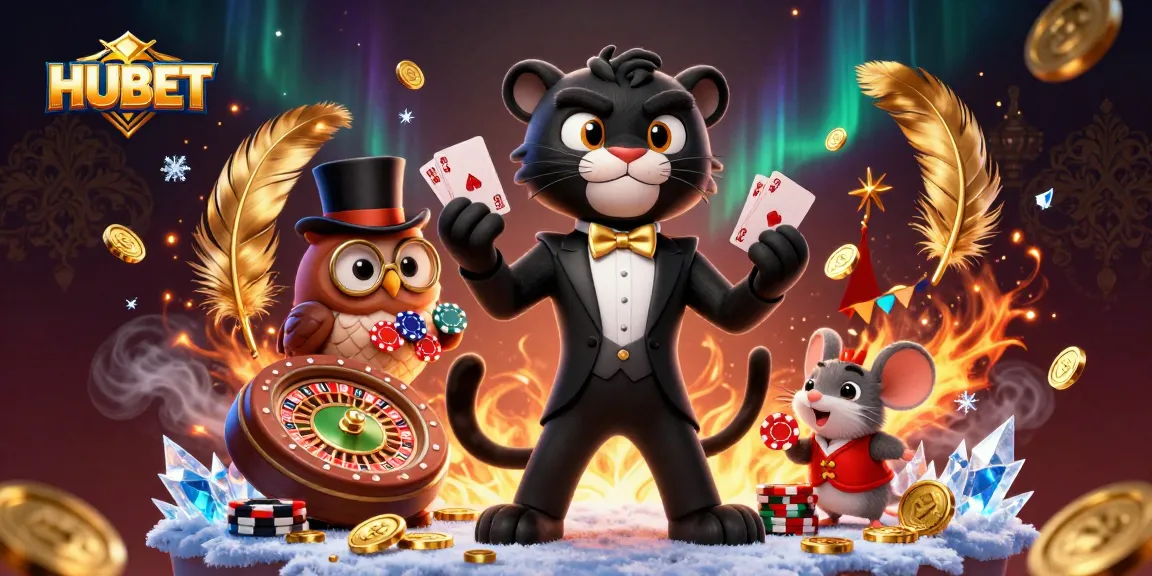 Experience HUBET with a stylish black panther dealer and whimsical characters in a rich casino atmosphere.