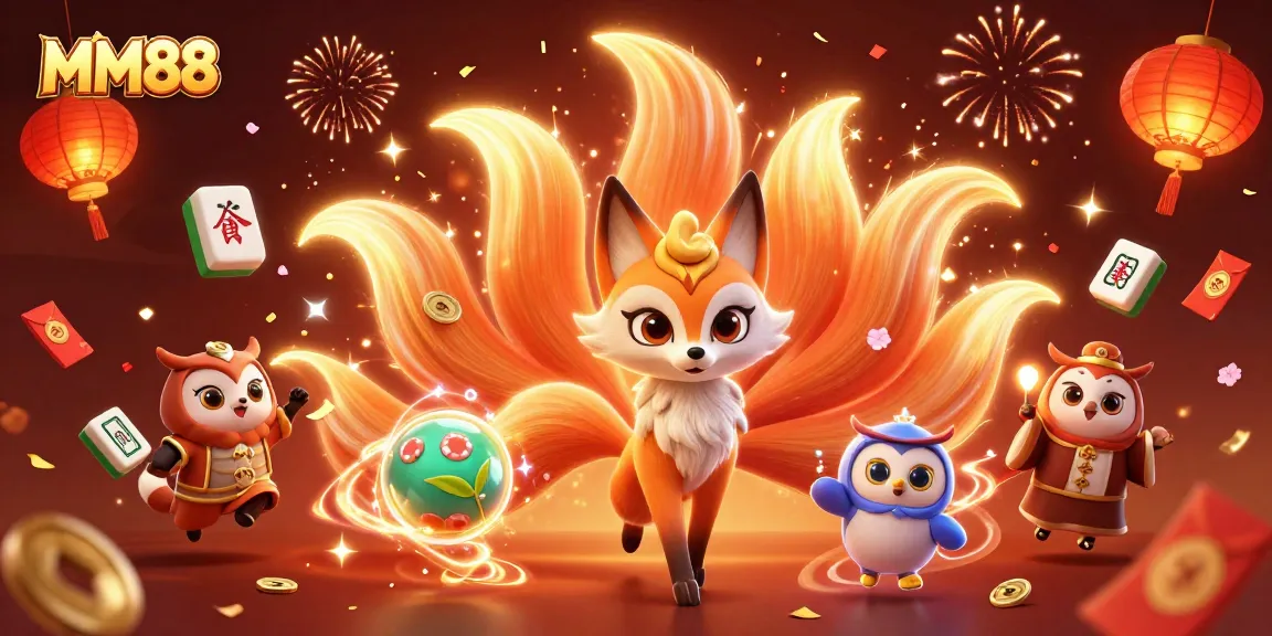 Experience the vibrant thrill of MM88 with a nine-tailed fox spirit soaring amidst lively casino elements.