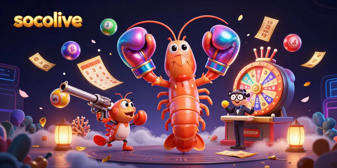 Socolive lottery excitement with vibrant 3D characters and game elements creating dynamic energy.